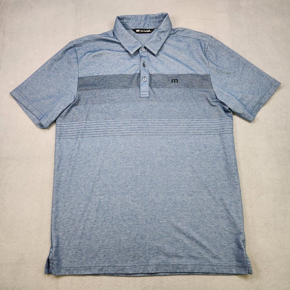 Travis Mathew Polo Shirt Men L Blue Stripe Short Sleeve Golf Performance Stretch